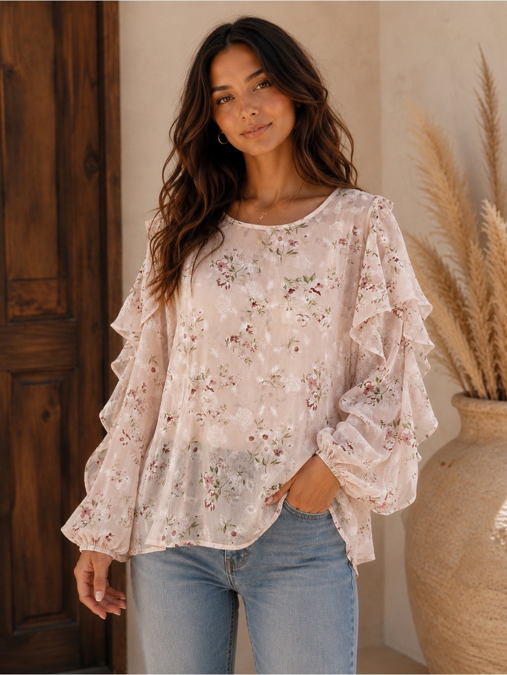 Easel Blush Pink Floral Ruffle-Sleeve Blouse